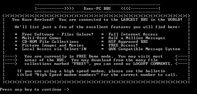 Screenshot of the First page of the Exec PC BBS. Courtesy of Wikipedia.org. Uploaded by Another n00b as Image:Exec_pc_bbs.PNG. Copyright by ExecPC. Link:https://en.wikipedia.org/wiki/File:Exec_pc_bbs.PNG
