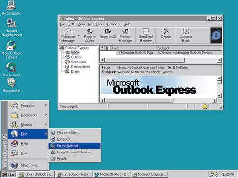 Screenshot of Windows 95. Windows 95 desktop, bundled "Online Services": AOL, AT&T WorldNet, CompuServe, Prodigy. Image: PROScott Schiller. Via Flickr.com. Uploaded on February 27, 2014. License: CC BY-NC 2.0